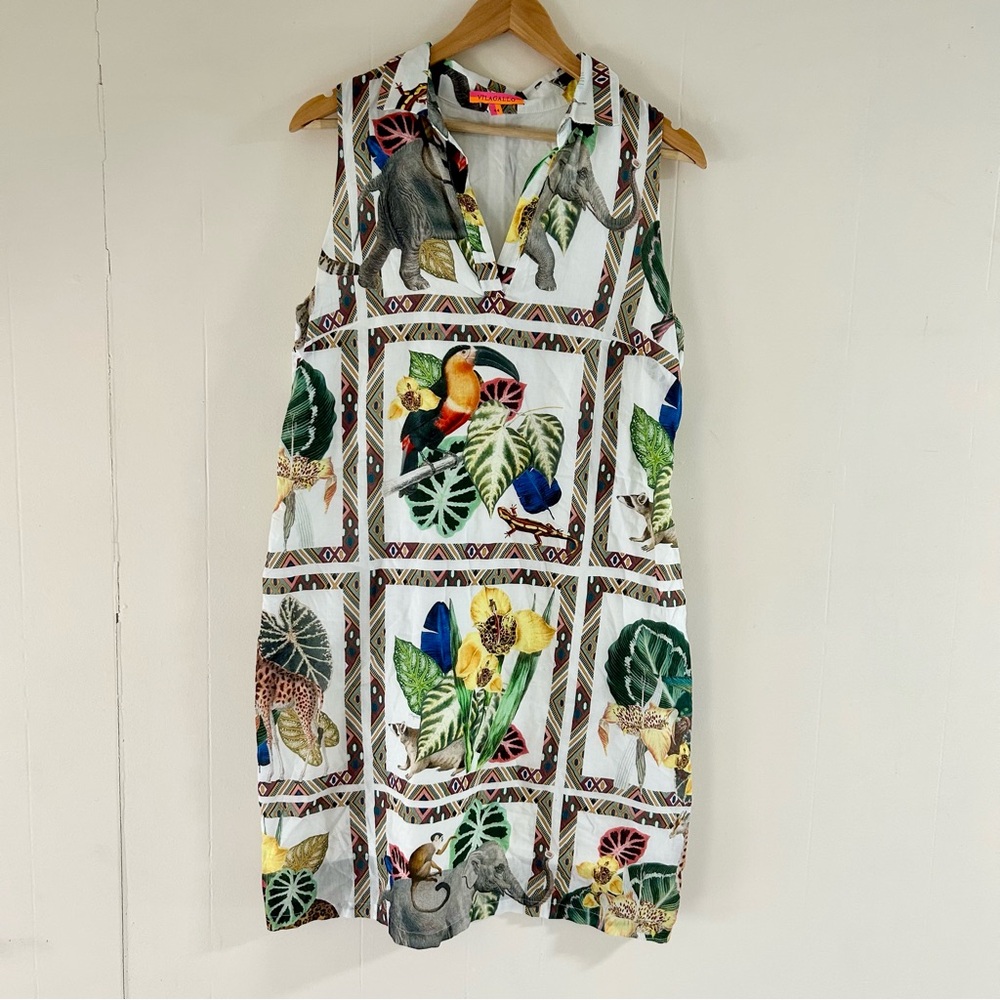 Vilagallo Cotton Tropical Print Animal Dress in White Multi sz 44 (US 12)